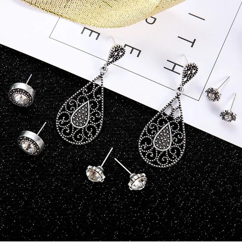 4Pair/Set Retro Drop Stud Earrings Set Drop Earrings Red Hollow Female Anniversary Trendy Waterdrop Earring  Accessories Gifts