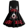 Womens Casual V Neck Halloween Print Vintage Dress Long Sleeve Retro Fit and Flare Midi Dress with Waist Tie Belt