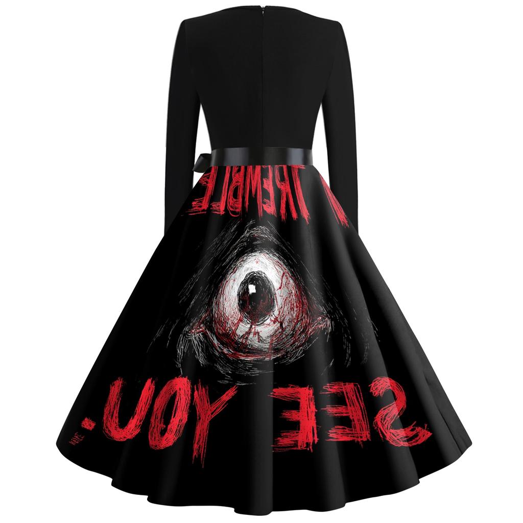 Womens Casual V Neck Halloween Print Vintage Dress Long Sleeve Retro Fit and Flare Midi Dress with Waist Tie Belt