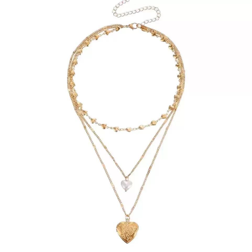 Vintage Heart Pearl Stacked Necklace, Retro Sweet Cool Minimal Clavicle Chain