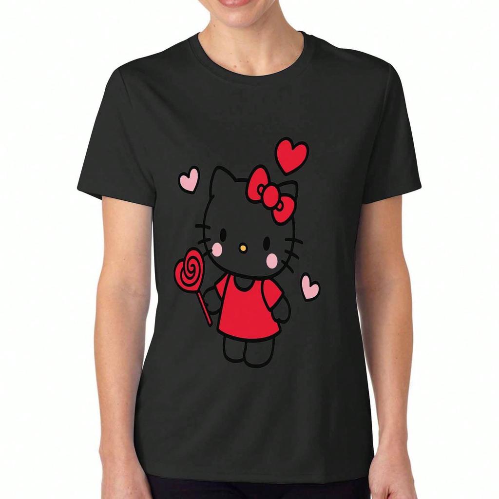 Kitty Lutscher Unisex Baumwoll-T-Shirt, Premium-Baumwolle mit Grafikdruck, Langlebig und Strapazierfähig, Süße Freizeitmode, Katze und Herz-Aufdruck, Stilvolles Design