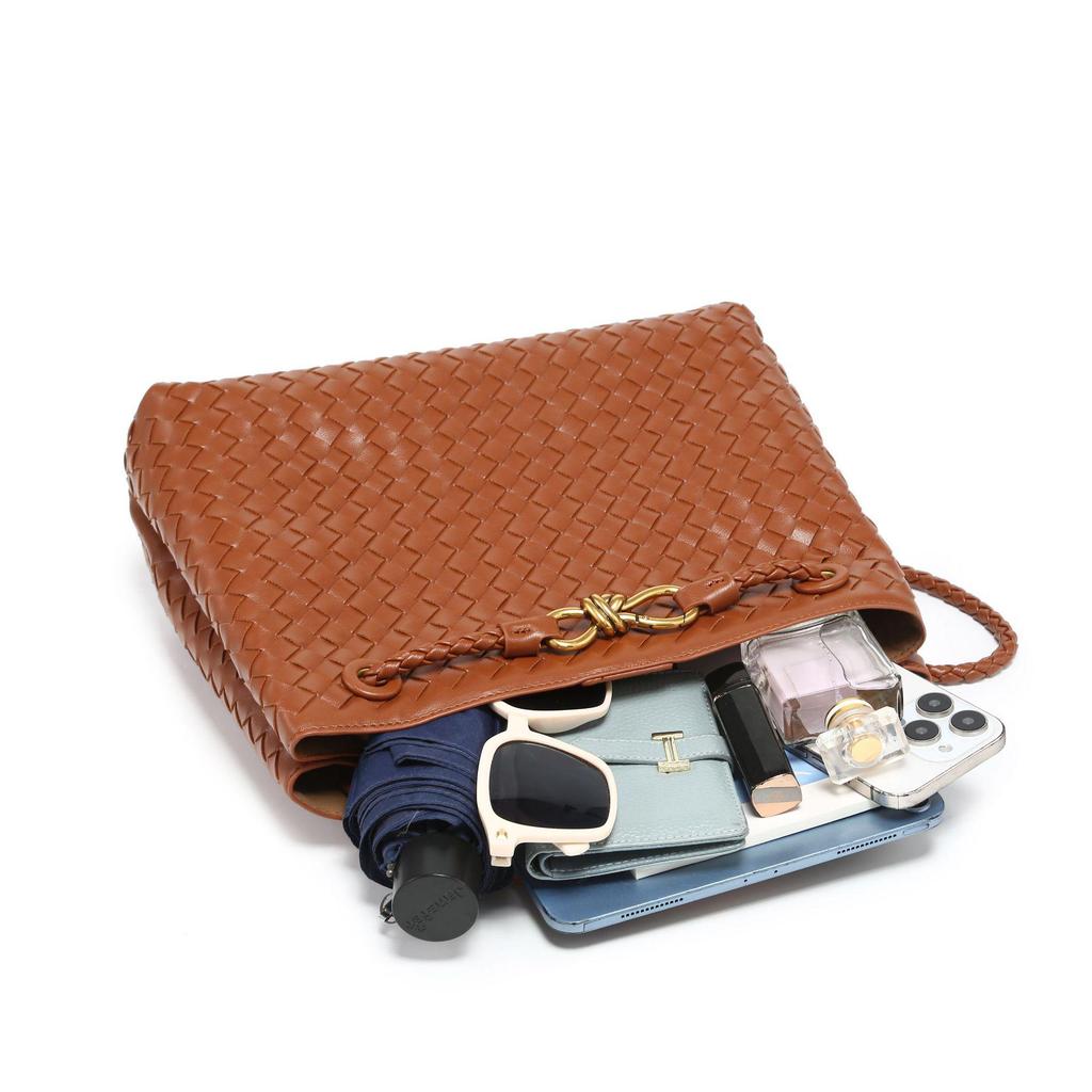 B's Retro Woven Women's Shoulder Tote Bag with Metal Rope Buckle – Large Capacity