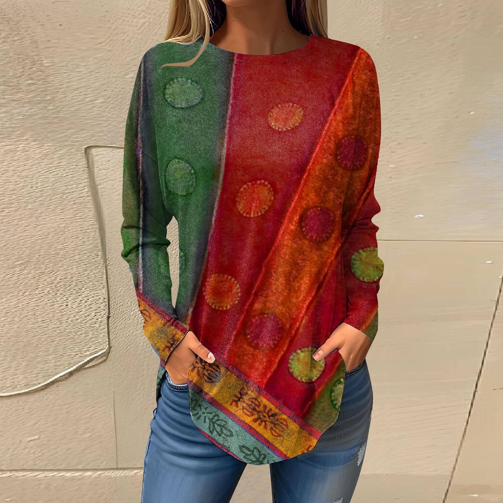 

Жіночі футболки для осені Повсякденні сорочки з довгими рукавами Світшоти Топ пуловер з ретро принтом XL Кіновар