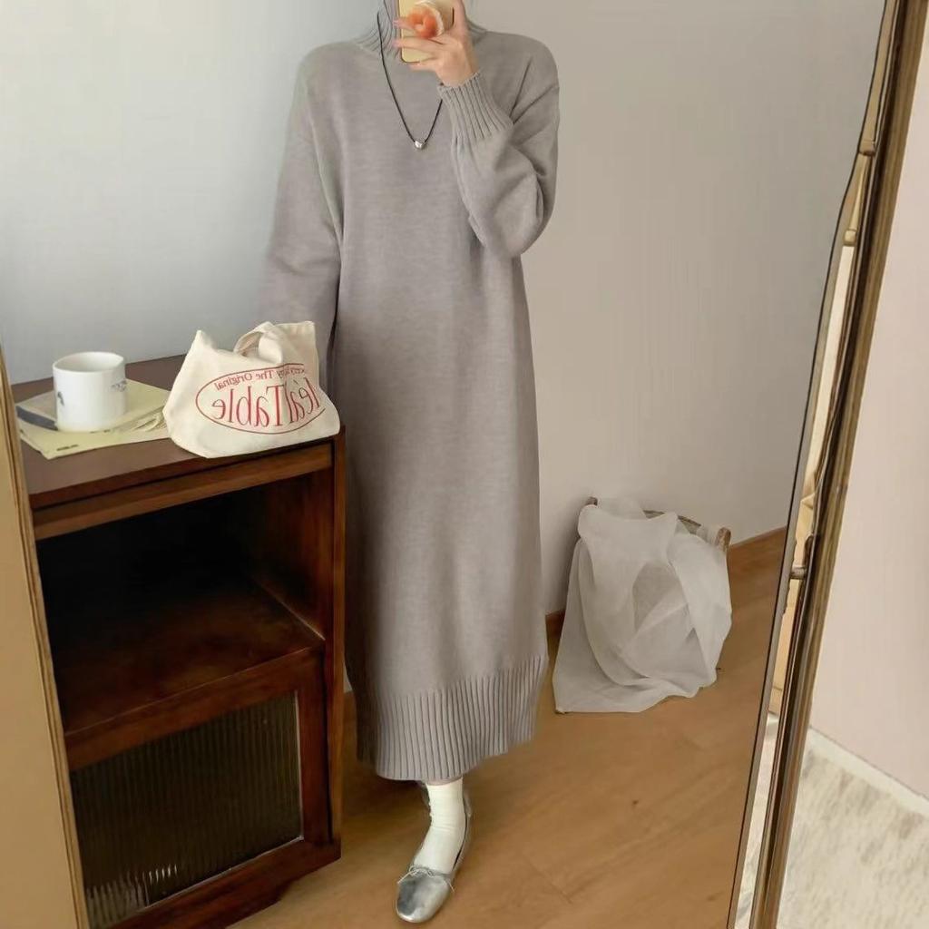 European and American new half-high neckline side slit loose lazy style long-sleeve thickened solid knit long skirt for women
