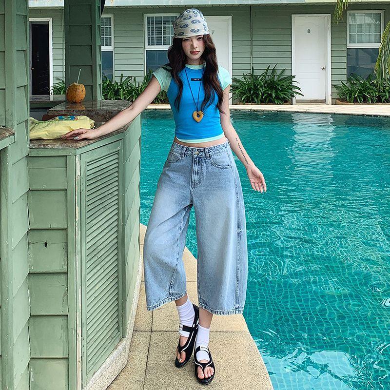 Trendy Summer Hot Girl Wide Leg Curved High Waist Loose Trendy Straight Denim Cropped Capri Pants Slimming Versatile Streetwear