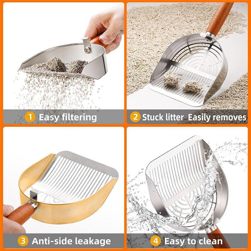 Good-Stainless Steel Cat Litter Scoop , Small Broom & Dustpan , Anti-Break Handle, Dual-Width Holes For Quick Cleaning