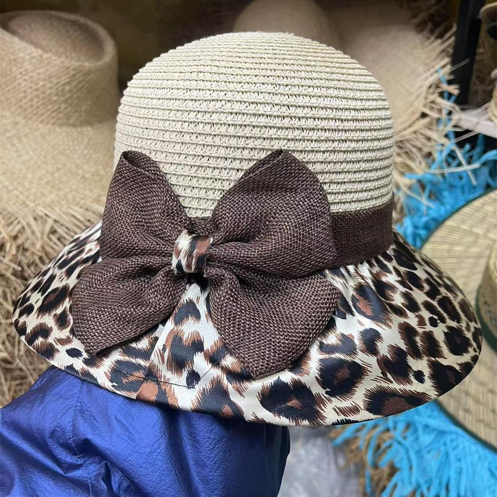 Women's Leopard Print Straw Sun Hat Wide Brim UV Protection Summer Hat with Bow Foldable Breathable Beach Hat