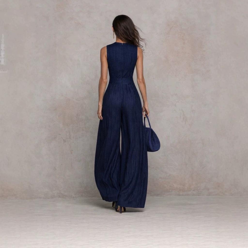 Tuta da donna a halter senza maniche a righe, vita media, gamba larga, pantaloni lunghi, per la primavera, uso quotidiano