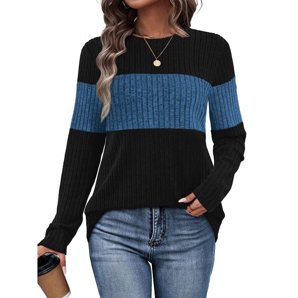 Damen Pullover Mode Geripptes Colorblock Oberteil Langarm Rundhals T-Shirt