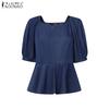 ZANZEA Womens Casual Round Neck Puff Sleeve Solid Color Loose Blouse
