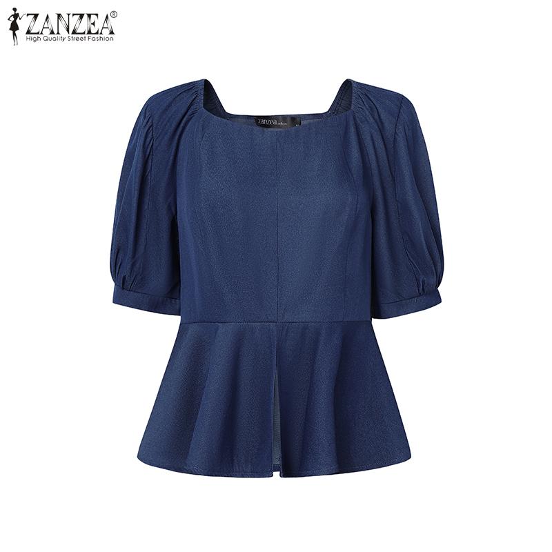 ZANZEA Womens Casual Round Neck Puff Sleeve Solid Color Loose Blouse