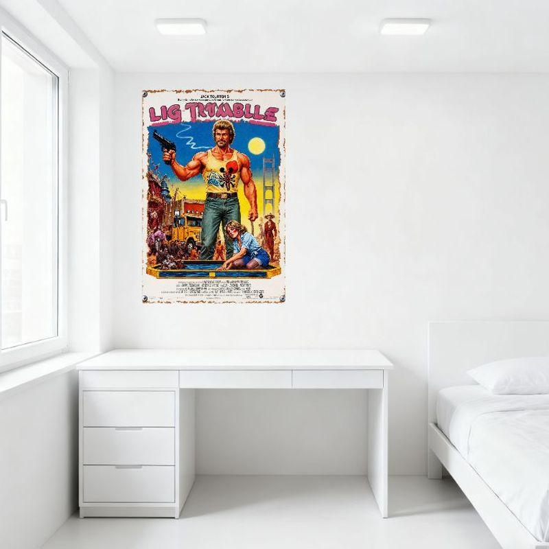 Vintage 'LIG TROUBLE' Action Movie Tin Sign - Muscular Man with Revolver, Distressed Woman, Post-Apocalyptic Scene - Retro 1980s