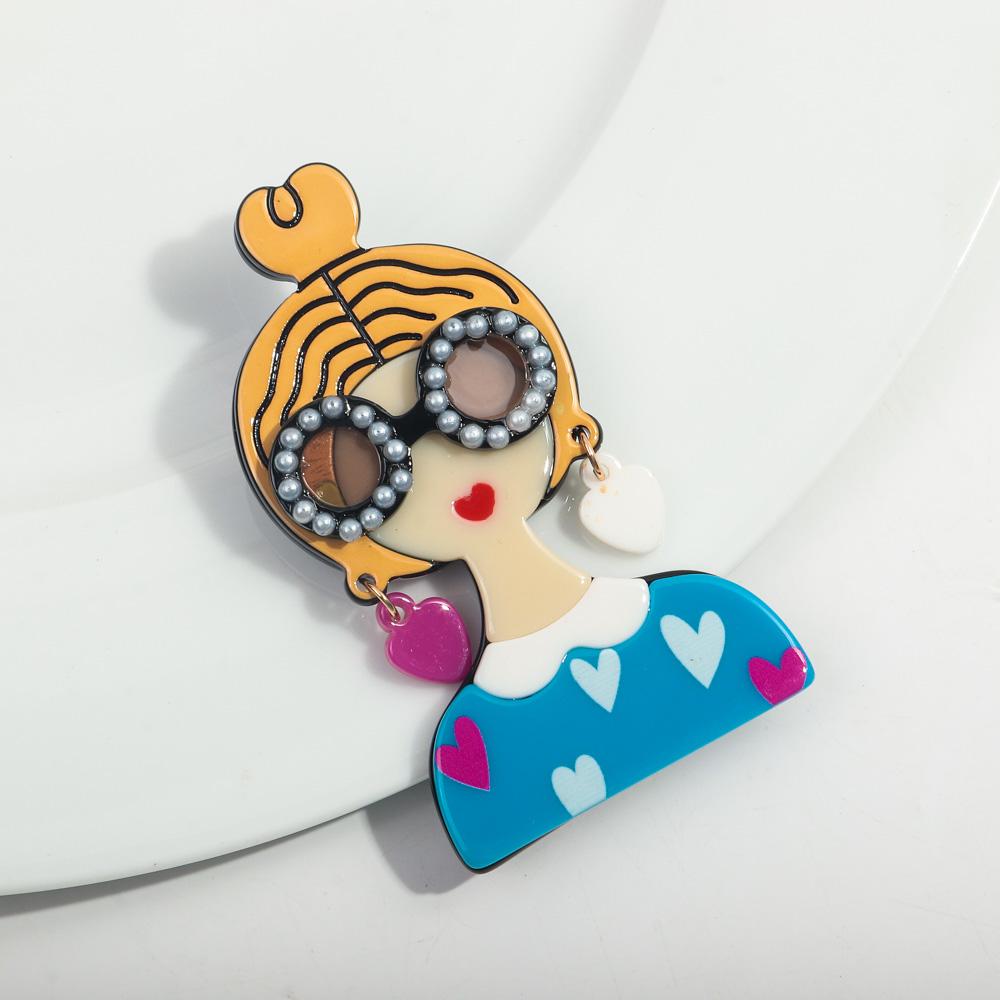 New Cute Girl Figure Acrylic Brooches for Women Spliced Handmade Glasses Lady Badge Lapel Pins Jewelry Clothing Accessories Gift