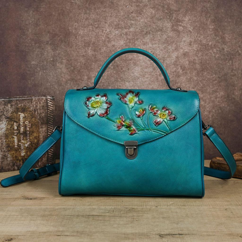 Johnature Chinese Style Genuine Leather Retro Embossed Women's Handbag With Large Capacity Shoulder Crossbody Bag