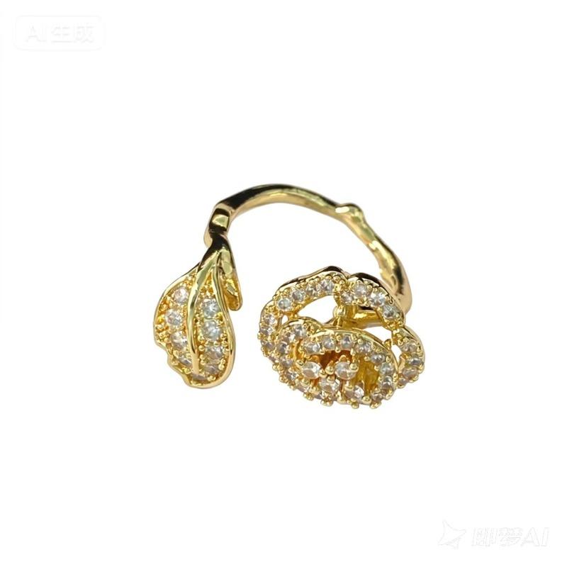 Camellia Ring Super Flash Opening Adjustable Golden Branches and Jade Leaves Rose Temperament Flower Ring