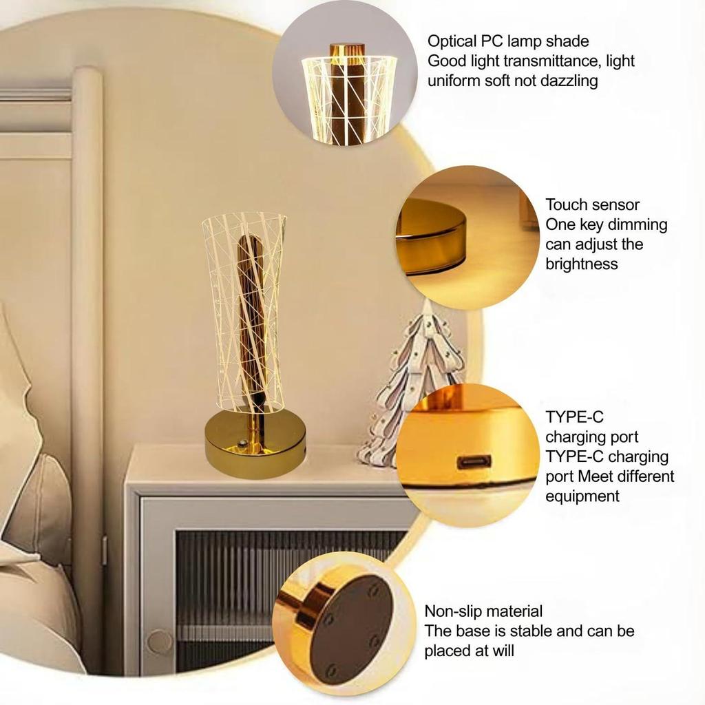 3D Acrylic LED Night Lamp with Gold Base – Starry Sky Waist Design, Touch Control Cordless Decorative Table Light for Bedroom, Living Room