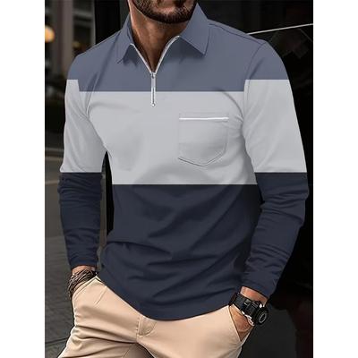 Men's Color Block Quarter Zip Polo Shirt Long Sleeve Turn Down Collar Textured Fabric Casual Top