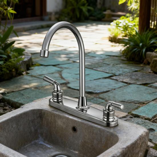 RV Faucet Two Handle Kitchen Faucet High Arch Spout Faucet 360 Swivel 8" Chrome-Plated Metal Bubbler Faucet