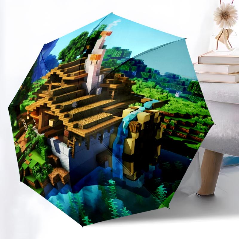 Minecraft5 Print Automatic Umbrella, 8 Rib Iron Frame, Plastic Handle, Suitable for Outdoor Travel &Daily , Ideal Gift