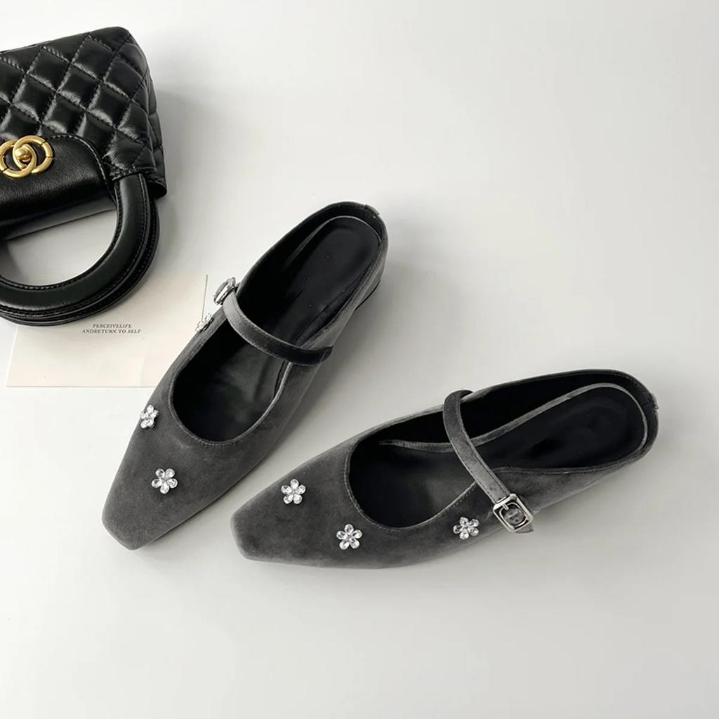 Fashion French Rhinestone Flower Baotou Half Slippers Women Wear Outside To Increase The Square Head Temperament Single Shoes