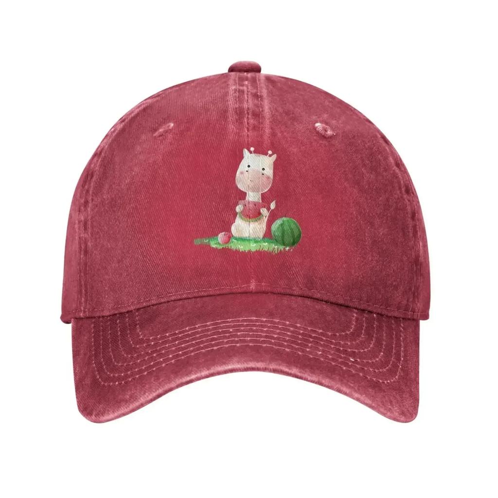Giraffe Sitting in The Grass Eating Watermelon Baseball Cap for Unisex Women Vintage Trucker Hat Hats Dad Hat