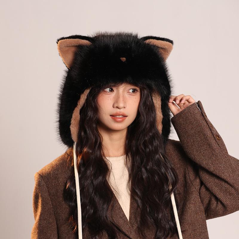 Plush Fluffy Cute Fox Ear Hats for Women Autumn Winter Warm Plush Beanies Hat Riding Ear Protection Lamb Bomber Caps