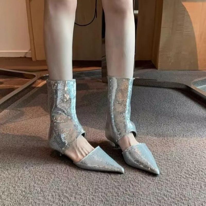 Fashion New boots women's summer short barrel pointed toe thin heel sequined cat heel fashion explosive temperament cool boots