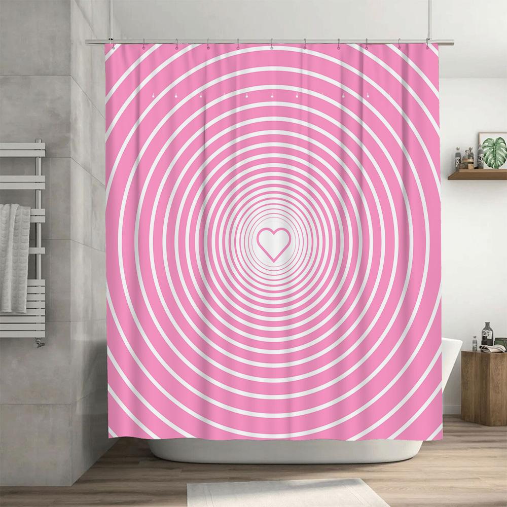 Pink Circular Shower Curtain: Eye-Catching Bathroom Decoration With White Lines Heart Design For Home Decor (Set 48X72) Availabl