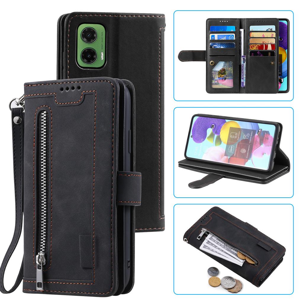 For Motorola Moto G35 5G Case PU Leather Phone Cover with Zipper Wallet 9 Card Slots