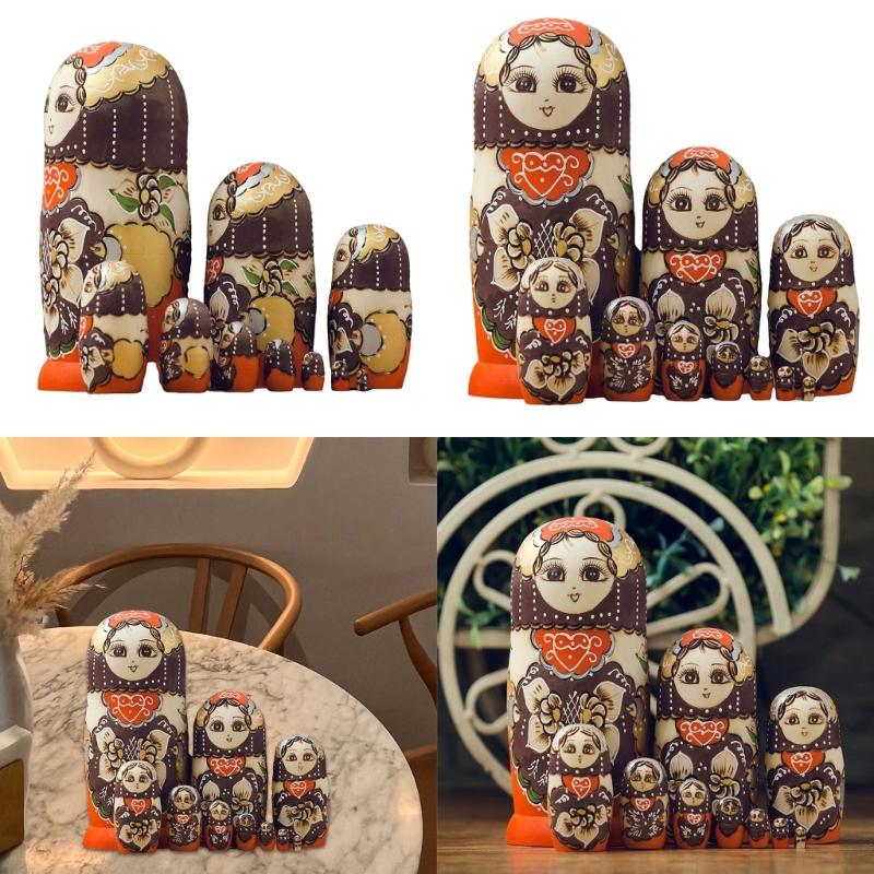 Collectible Russian Nesting Dolls 10pcs Wood Matryoshka Babushka Set Handpaint Stacking Doll Folk Arts Festival Ornament