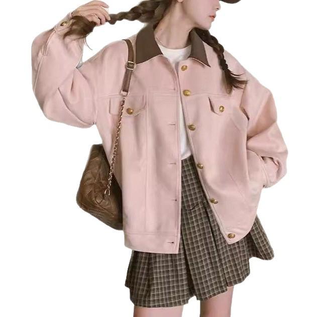 Women's Pink Korean-Style Suede Jacket - Fashionable Spring/Autumn Workwear Design