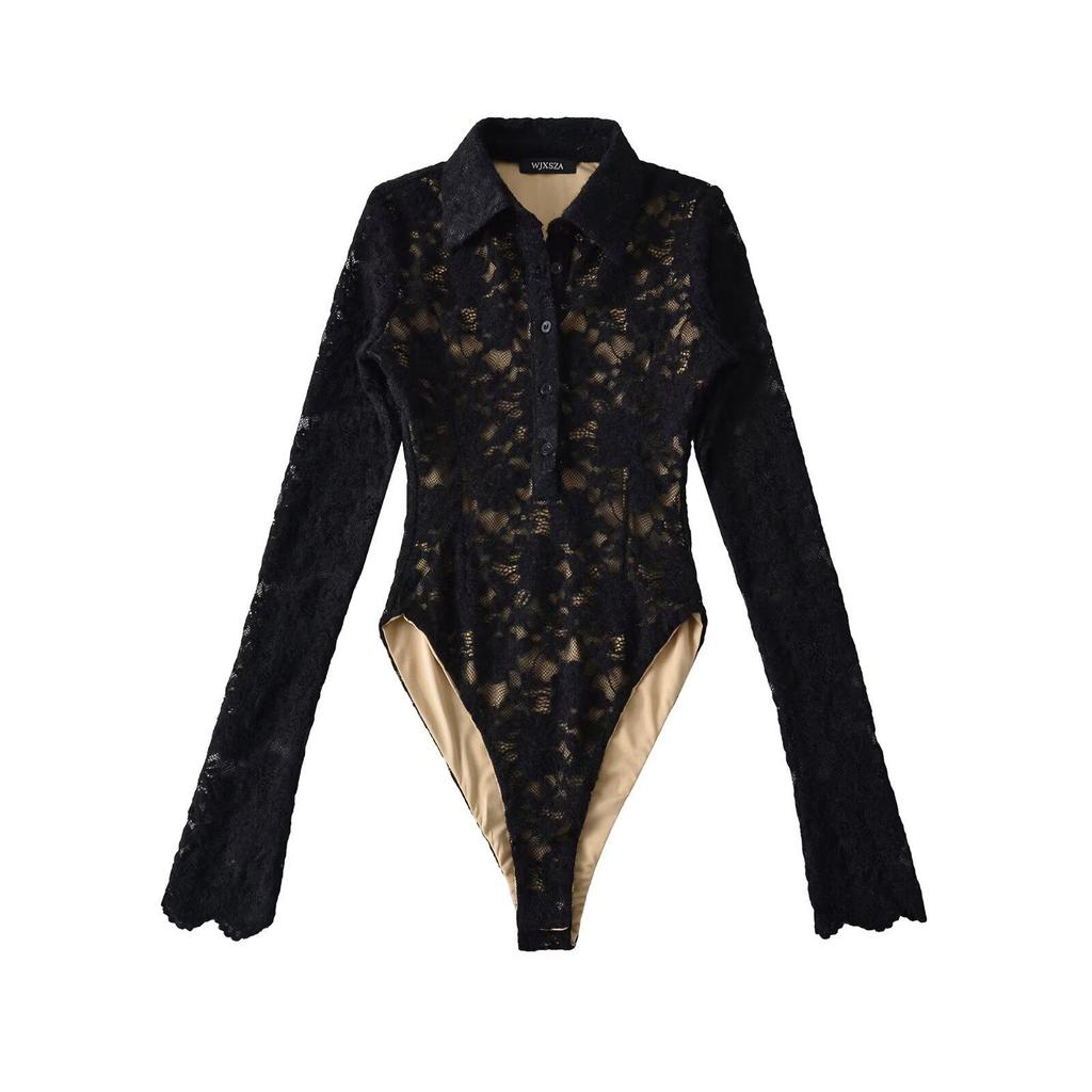 American Spicy Girl Slim-fit Floral Lace Jumpsuit - Embossed Long-Sleeve Lapel (2025)