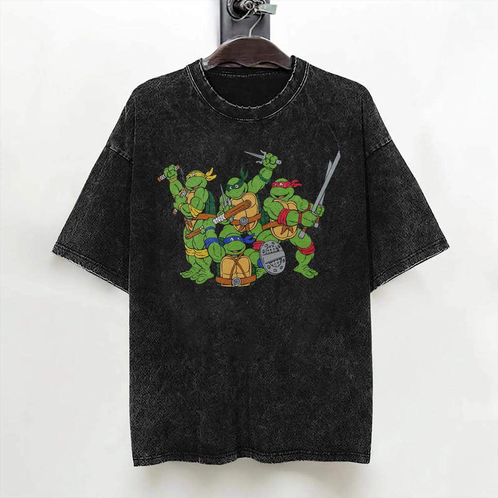 Cartoon Ninja T-Turtles Washed T Shirts Streetwear Retro T-Shirt Tees Tops Men Women Cotton Harajuku Summer