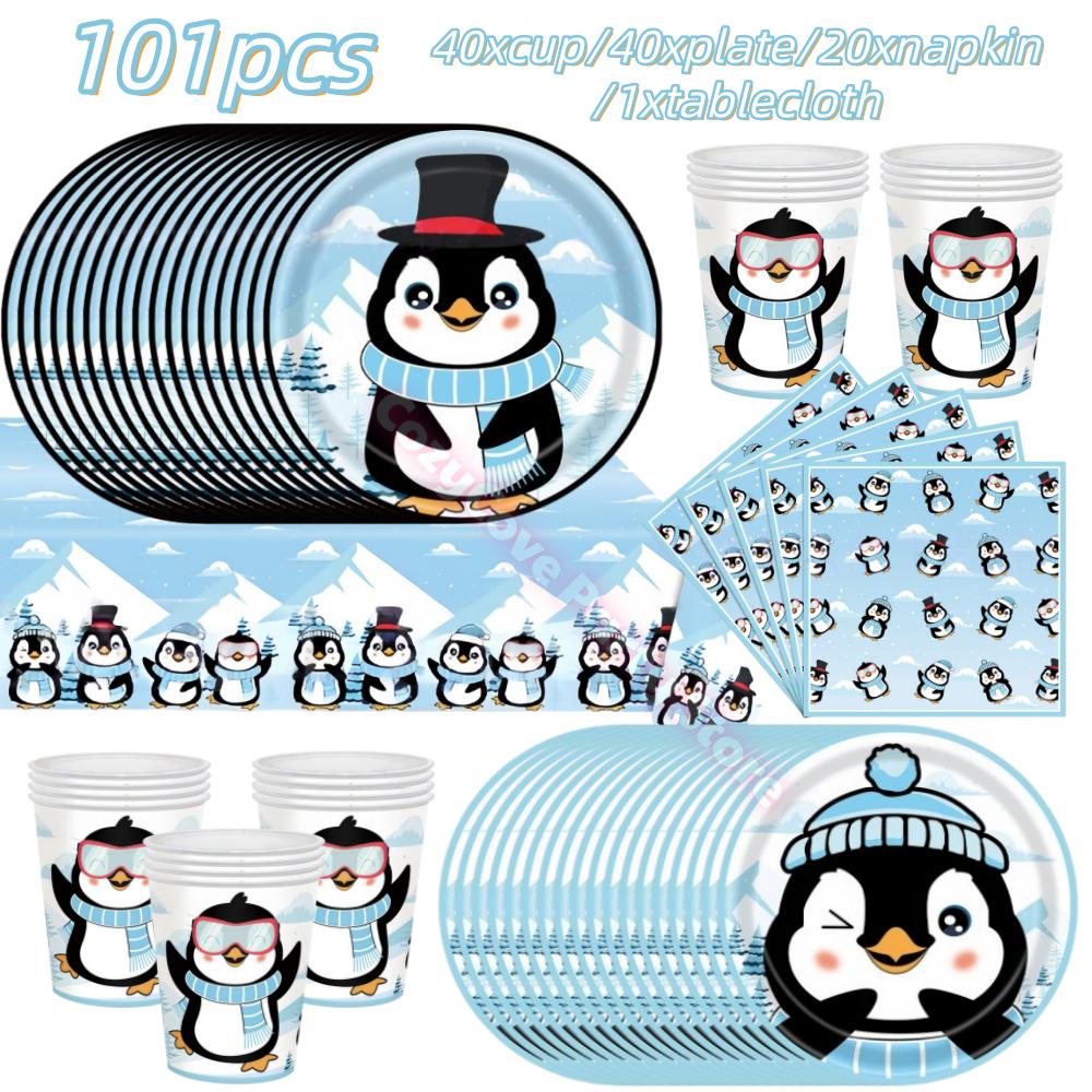 Penguin Theme Birthday Party Supplies Penguin Winter Xmas Banner Cup Plate Balloons For Kids Baby Shower Favor Gifts Photo Props
