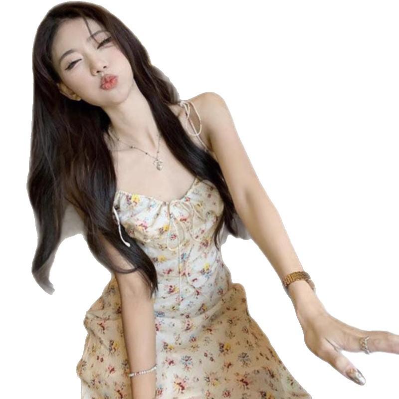 French White Floral Spaghetti Strap Dress for Women, Stunning Summer Dress, Waist-cinching Slimming Seaside Vacation Long Dress