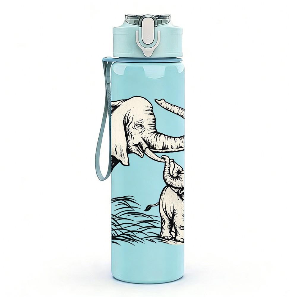 1PC Elephant Baby Calf Family Print 750ml Color Plastic Sports Water Bottle Leakproof Flip Straw Lid Suitable for Sports Office Home Use