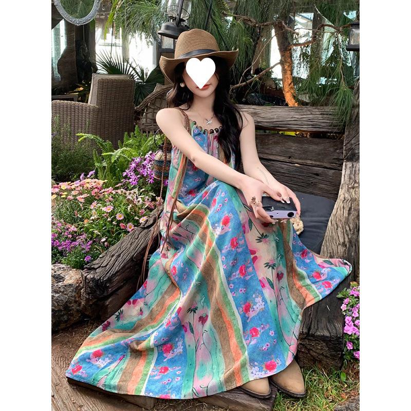 Seaside Vacation Floral Suspender Dress Women's New Retro Bohemian Ethnic Style Beautiful Medium and Long Dress