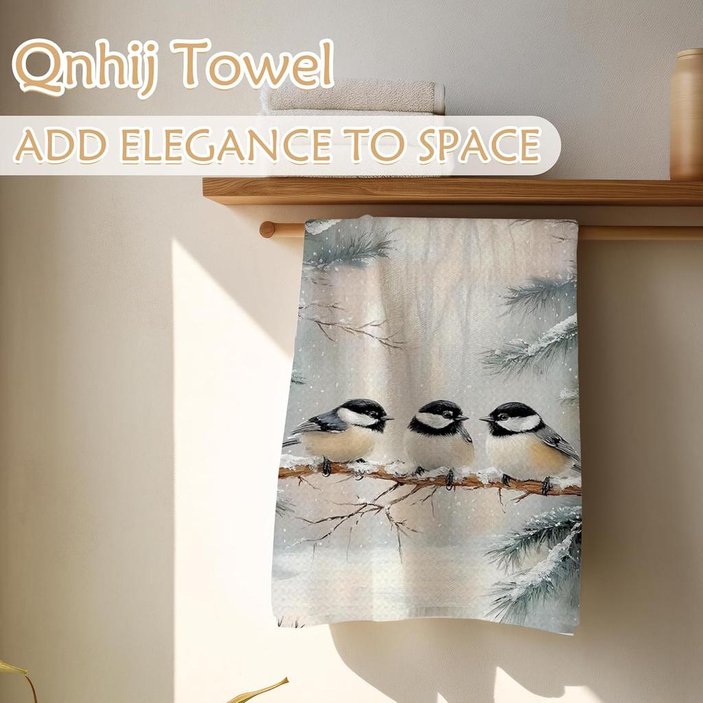 Winter Chickadee Bird Kitchen Towels, Bird Lovers Gifts for Women Men, Rustic Cottagecore Birds Decorative Hand Towels for Bathroom, Winter Kitchen