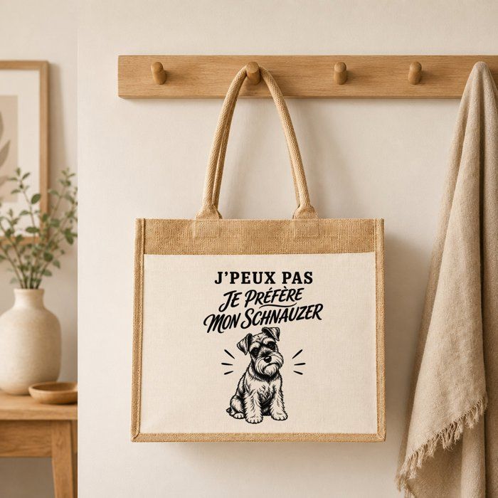 Sac Cabas - PLANETEE - J’peux pas je préfère mon Schnauzer - Toile de jute et coton - 21 L - Illustration noire