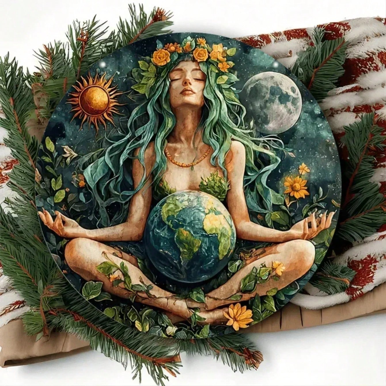 Metal Wall Art Gaia Goddess Earth Mother Round Flat Print Home Bar Cafe Decor 20x20