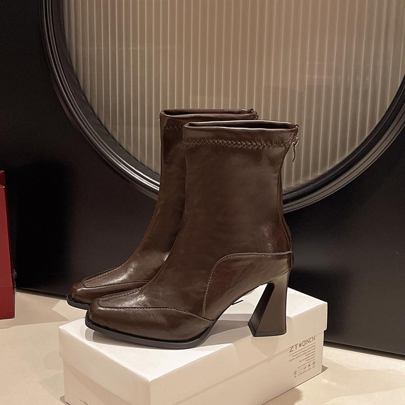 Autumn Elastic Slim Women Ankle Boots Thick High Heels Ladies Shoes Fashion Pointed Toe Comfortable Short Botas De Mujer