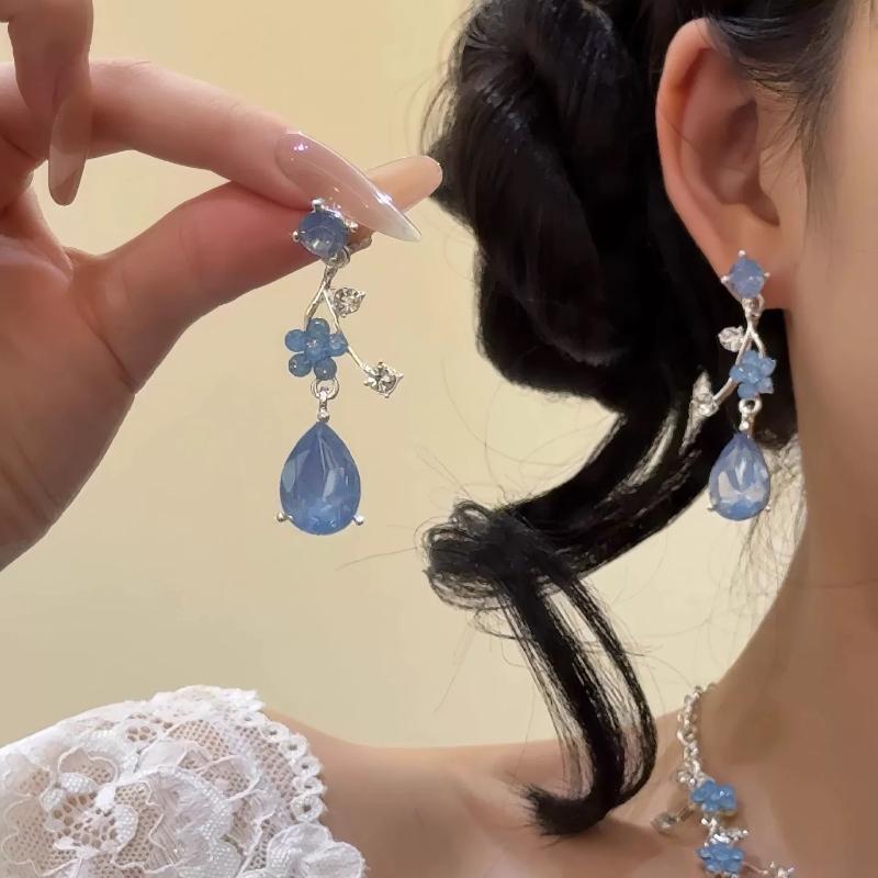 Boho Style Vintage Blue Flower Tassel Choker Necklace Dangle Earrings 1/2Pcs Trendy Jewelry for Women Daily Commute Matching