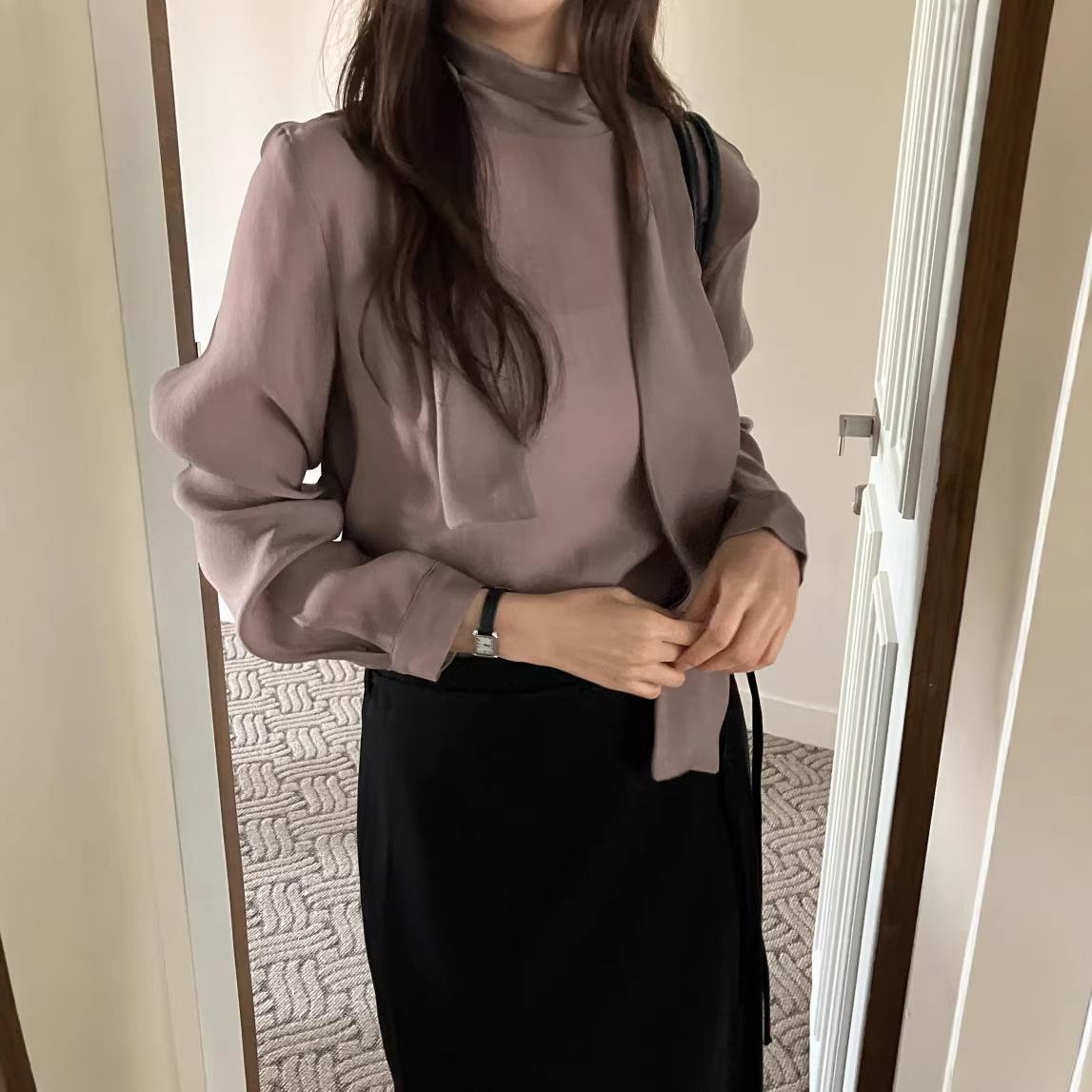 Korean Chic High Neck Ribbon Long Sleeve Shirt for Early Spring/Autumn 2026 One Size фиолетовый
