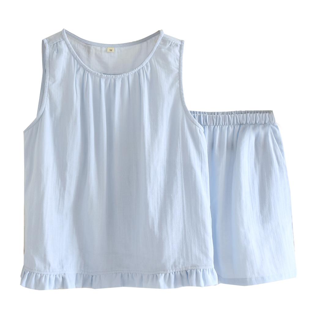 Pure Cotton Double-layer Yarn Pajamas Women's Spring and Summer Thin Solid Color Round Neck Vest Shorts Can Be Worn Outside Loungewear Two-piece Set