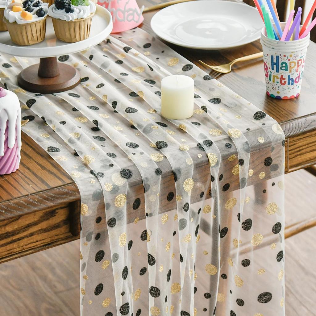 Artoid Mode Blue Polka Dots Pink Gauze Table Runner 120 Inch 10FT, Seasonal Sheer Dining Holiday Wedding Birthday Baby Shower Table Decor for Home