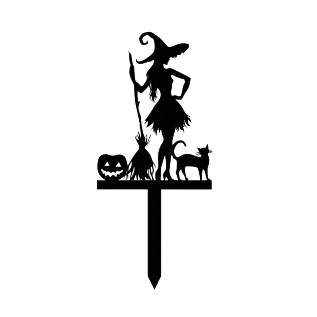 Spooky Halloween Garden Stakes Set with Witch Pumpkin and Black Cat Silhouettes - Metal Outdoor Decor for Lawn and Yard