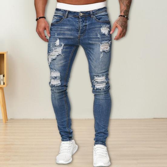 Men Jeans Ripped Washed Solid Color Button Zip Fly Streetwear Hip Hop Skinny Denim Pants Trousers for Outdoor