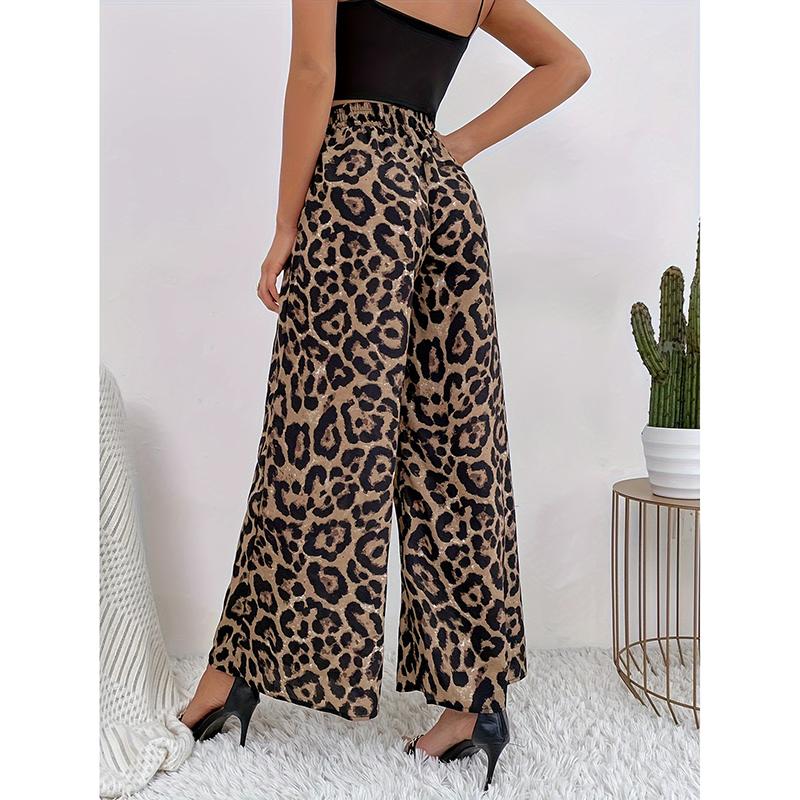 Women's Fashion Classic Leopard Print Stretch Waist Loose and Drapey Comfortable Casual Wide Leg Pants