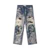 ZYLLO Herr Hög Street Oversized Hip Hop Jeans Byxor 3D-tryckta Vintage Denimbyxor Mode Streetwear Målade Raka Jeans