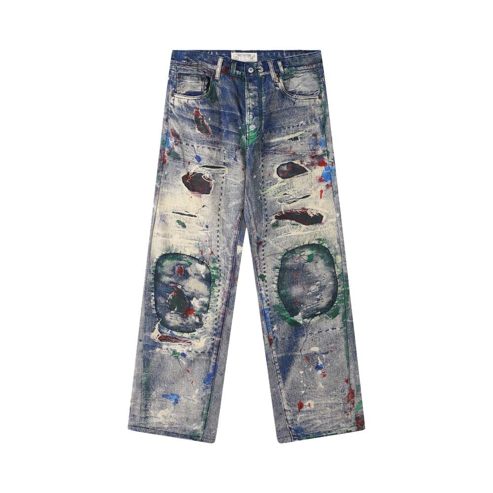 ZYLLO Herr Hög Street Oversized Hip Hop Jeans Byxor 3D-tryckta Vintage Denimbyxor Mode Streetwear Målade Raka Jeans